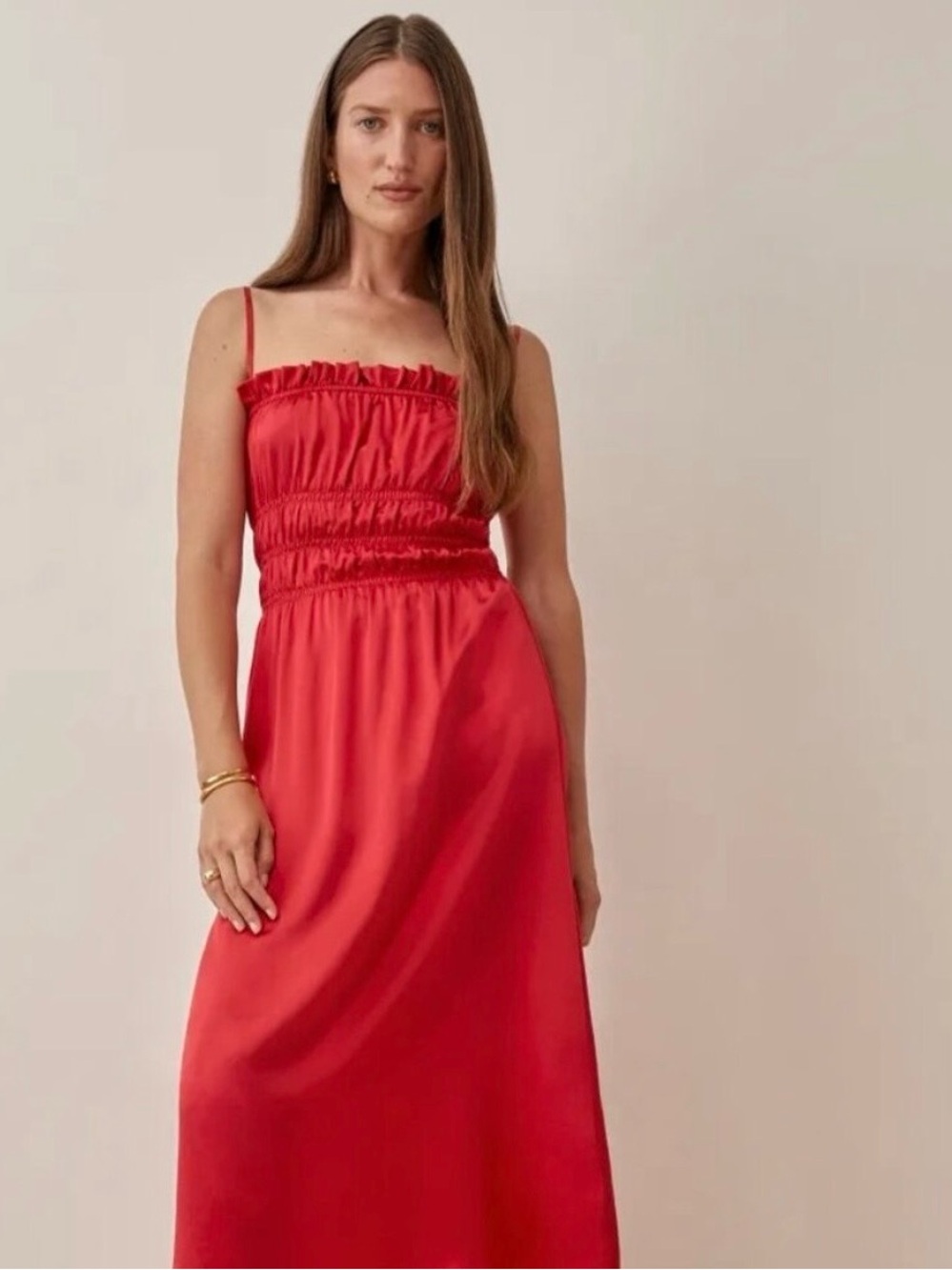 EUC Reformation Plumeria Red Smocked Silk Strapless Midi Dress XS